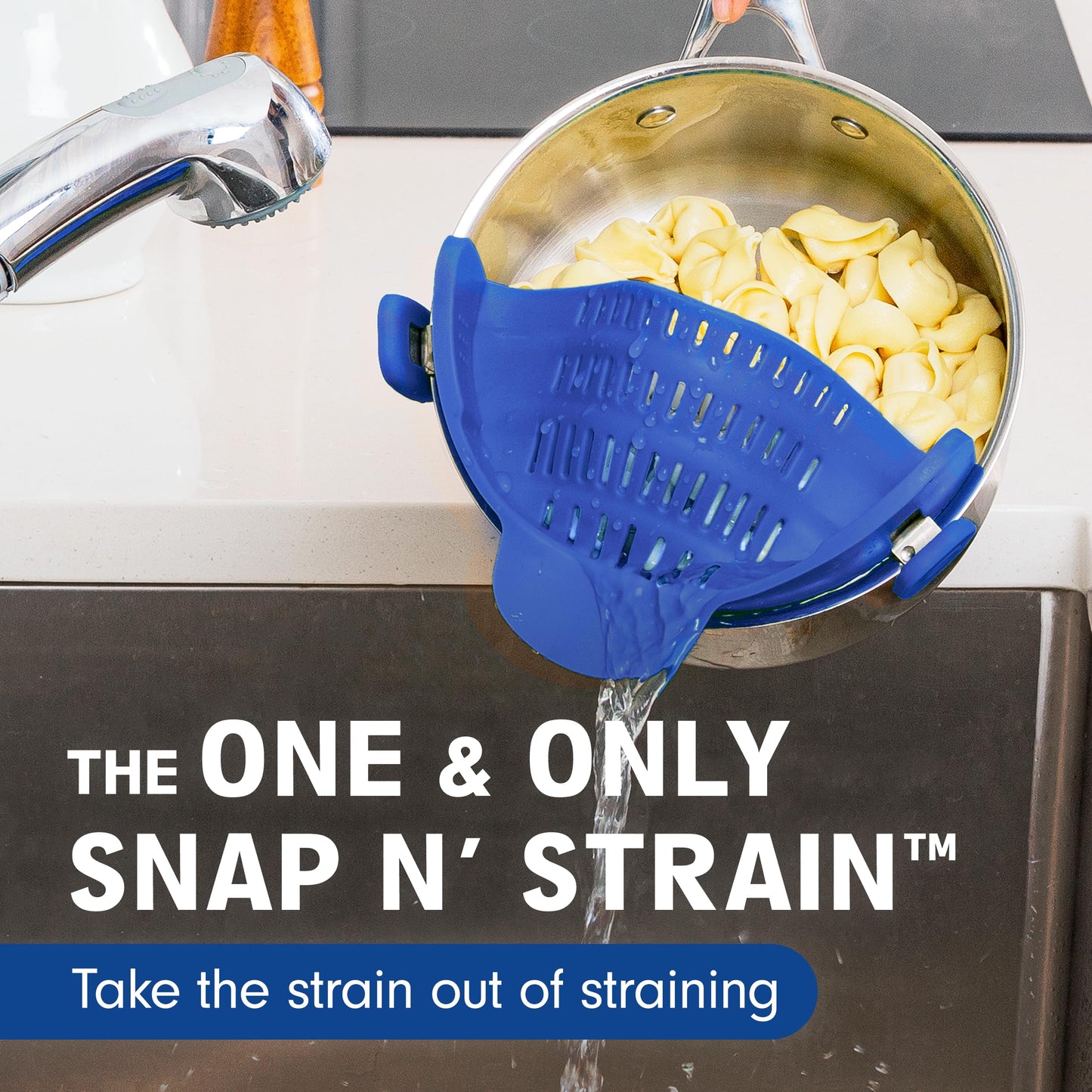 Kitchen Gizmo Snap N' Strain - Silicone Clip-On Colander, Heat Resistant Drainer for Vegetables and Pasta Noodles, Kitchen Gadgets for Bowl, Pots, and Pans - Essential Home Cooking Tools - Blue