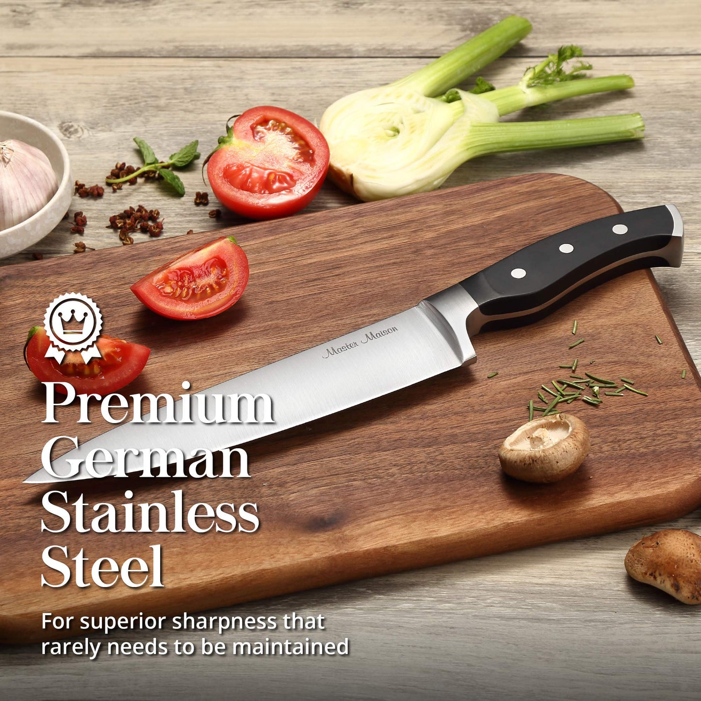 Master Maison 7-Piece Premium Black Kitchen Knife Set with Knife Block & Dual Knife Sharpener German Stainless Steel Knives | Professional Butcher Block Knife Set For Kitchen | Chef Knife Sets