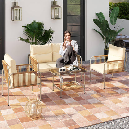 DWVO 4 Pieces Patio Furniture Set, Wicker Outdoor Conversation Set, All-Weather Rattan Bistro Set with Loveseat Set, Glass Side Table and Cushions for Backyard, Balcony, Deck - Beige