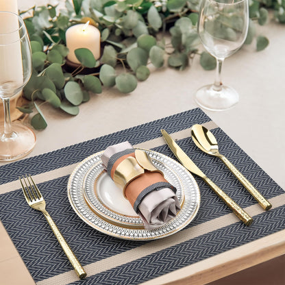 SLKQG Blue Placemats Set of 4 - Easy Clean Modern Durable Washable Vinyl Place Mats - Heat Resistant Placemats for Kitchen Table - PVC Table Mats for Dining Table (Blue with Stripes, 4)
