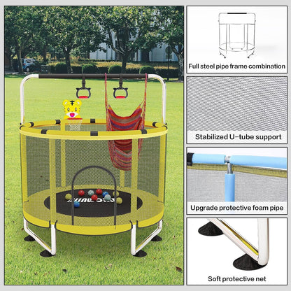 Trampoline for Kids, Adjustable Baby Toddler Trampoline with Basketball Hoop, 440lbs Indoor Outdoor Toddler Trampoline with Enclosure (Light Yellow)