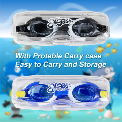 Sloosh Kids Swim Goggles (2 Pack), Swimming Goggles No Leaking Wide View Anti-Fog Anti-UV for Boys & Girls Teens (Black & Blue)