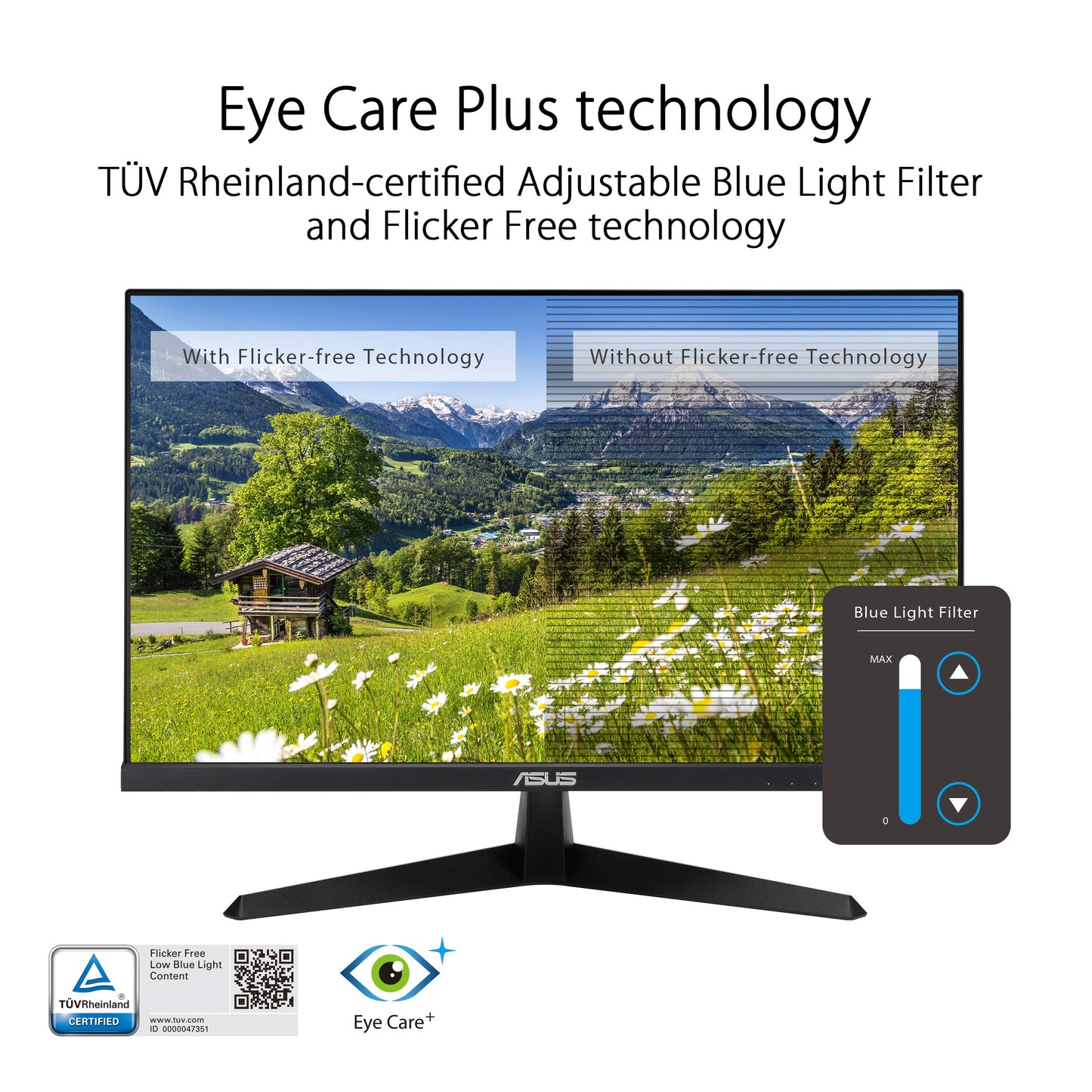 ASUS VY249HE 23.8” Eye Care Monitor, 1080P Full HD, 75Hz, IPS, Adaptive-Sync/Sync, Eye Care Plus, Color Augmentation, Rest Reminder, HDMI VGA, Frameless, VESA Wall Mountable, BLACK