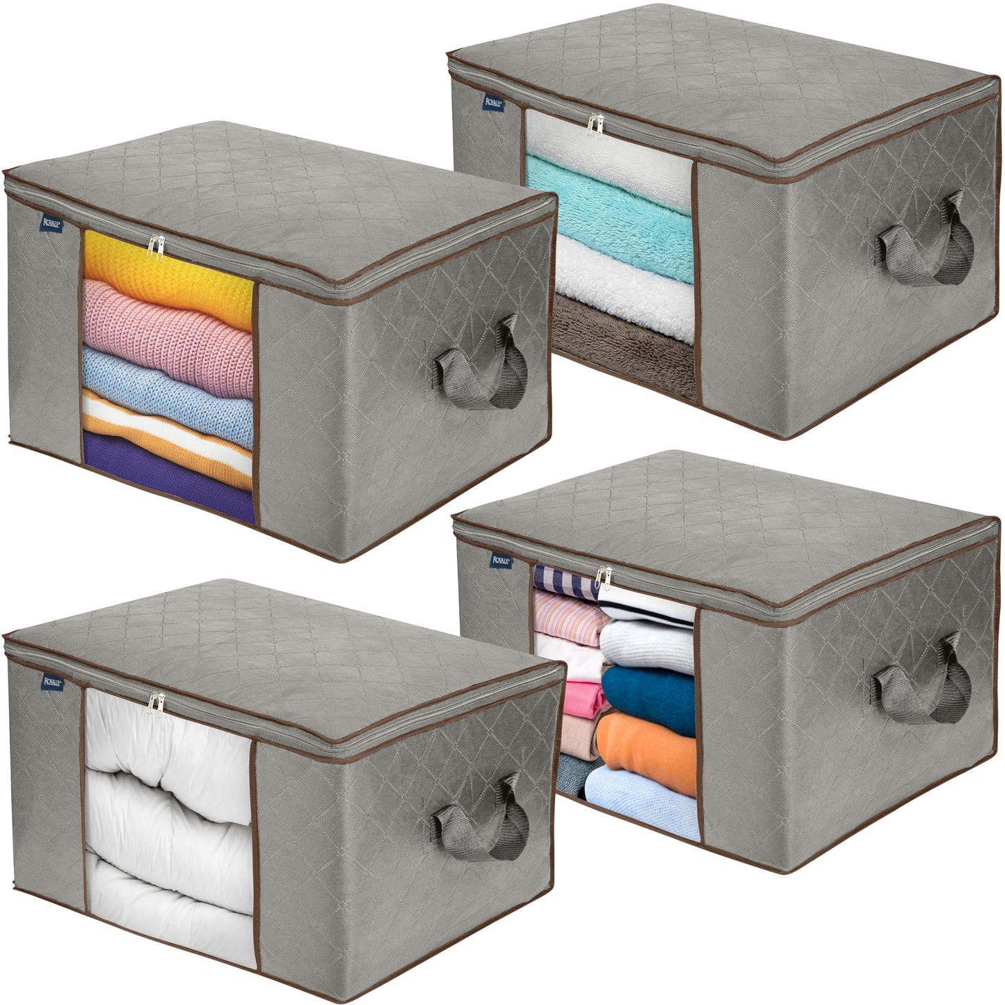 Royale Large Capacity 4 Pack Clothes Storage Bag Organizer with Strong Handle - 90L Fabric Bag- Zipper Closure - Storage Container for Organizing Bedroom, Closet, Clothing, Comforter with Clear Window