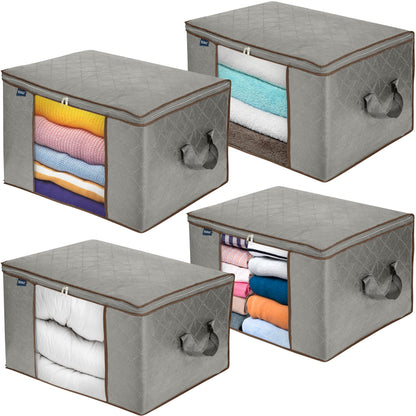 Royale Large Capacity 4 Pack Clothes Storage Bag Organizer with Strong Handle - 90L Fabric Bag- Zipper Closure - Storage Container for Organizing Bedroom, Closet, Clothing, Comforter with Clear Window