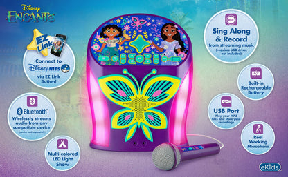 eKids Disney Encanto Karaoke Machine, Bluetooth Speaker with Microphone for Kids, with USB Port to Play Music, Easily Access Playlists with New EZ Link Feature