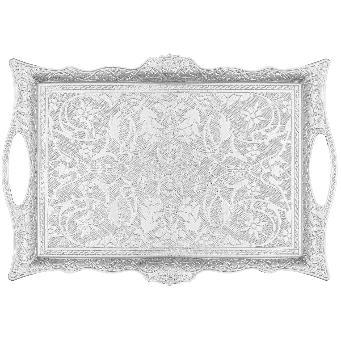 Alisveristime Ottoman Turkish Zamak Serving Tray with Traditional Motifs, Ideal for Coffee and Tea - Six Person Tray (14.5 x 9.85 in) (Silver)
