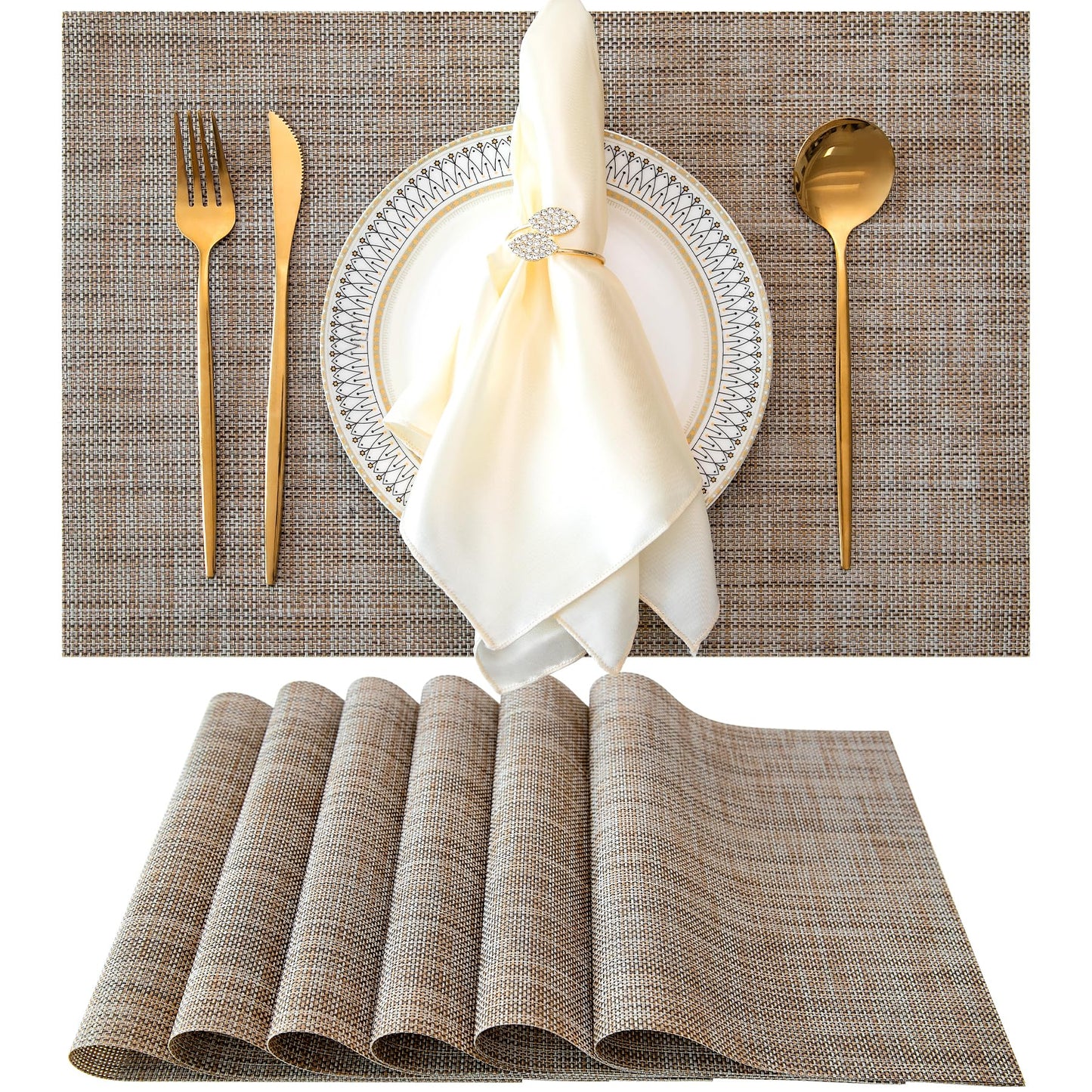 Placemats Set of 6, Vinyl Woven Placemats for Kitchen Table Indoor/Outdoor, Dining Table Mats - 18x12 Inch