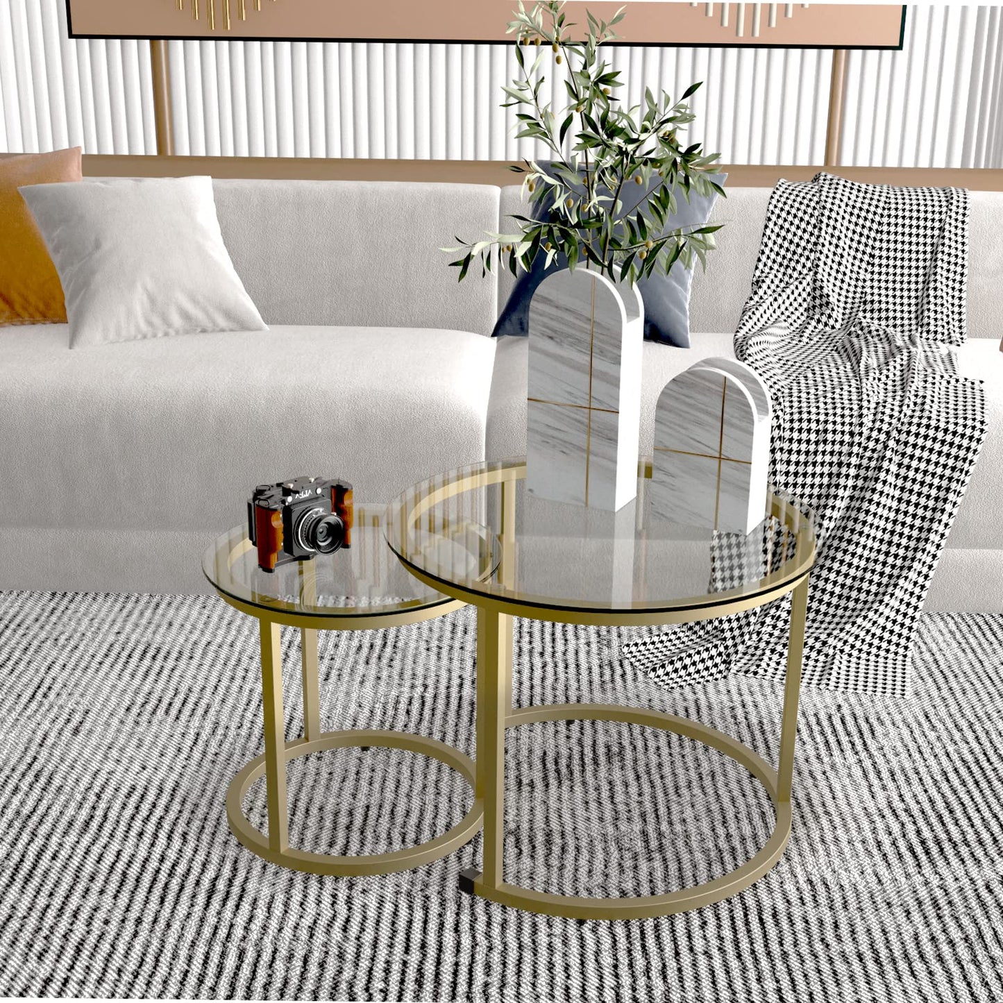 aboxoo Gold Nesting Coffee Table Set of 2, Small Glass Nesting Tables for Living Room Bedroom, Accent Tea Table with Metal Frame Modern Industrial Simple