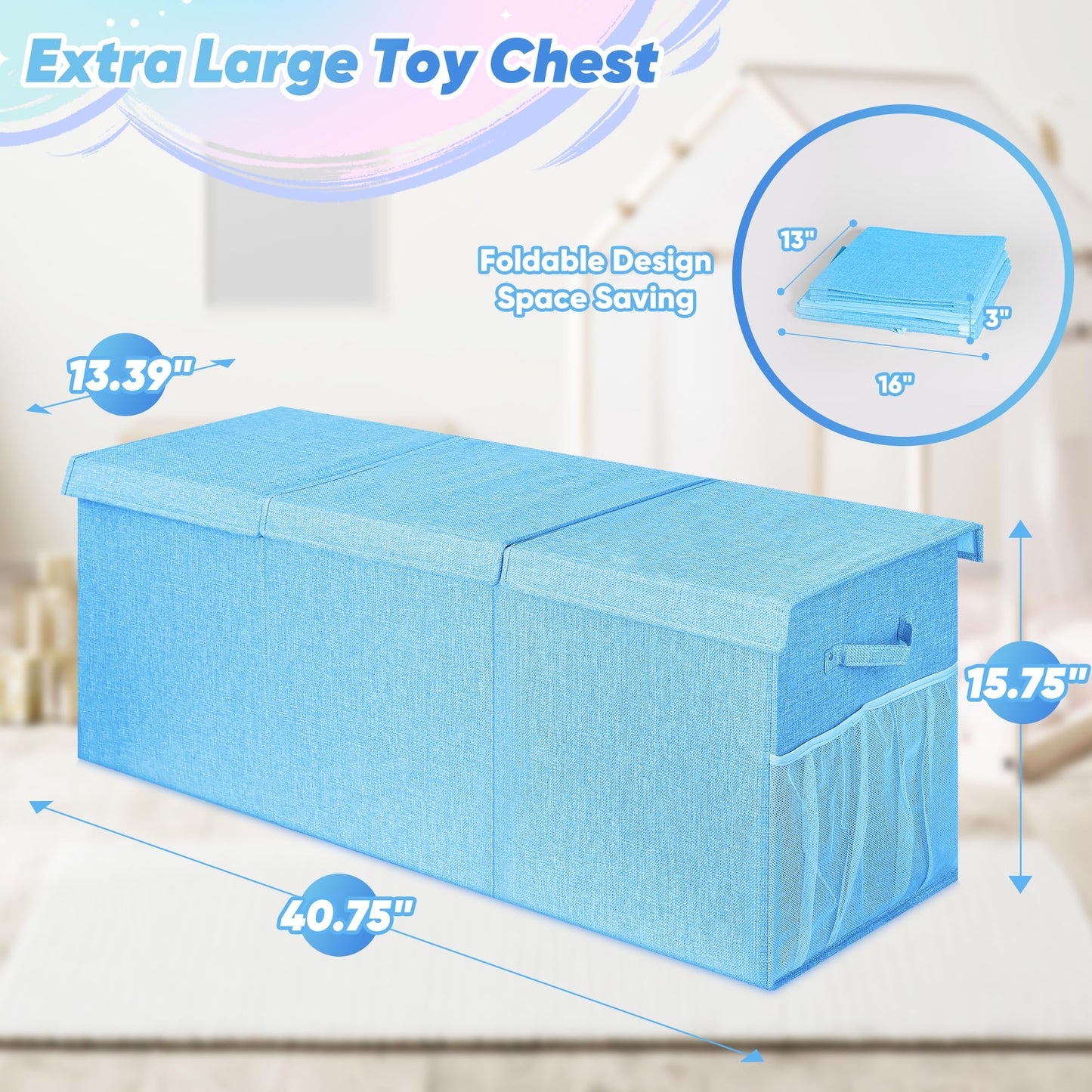 Extra Large Kids Toy Box with Mesh Pockets