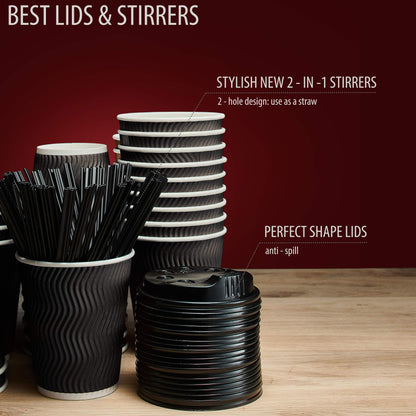 100 Insulated Disposable 12 oz Coffee Cups With Lids and Straws