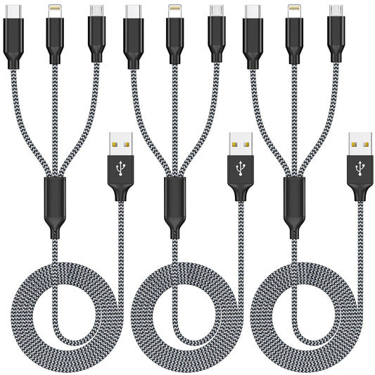 Multiple Charger Cable Multi Charging Cable Rapid Nylon Braided Cord USB Charging Cable 3 in 1 Multi Phone Charger Cord with Type C Micro Lightning USB Connectors for Cell Phones