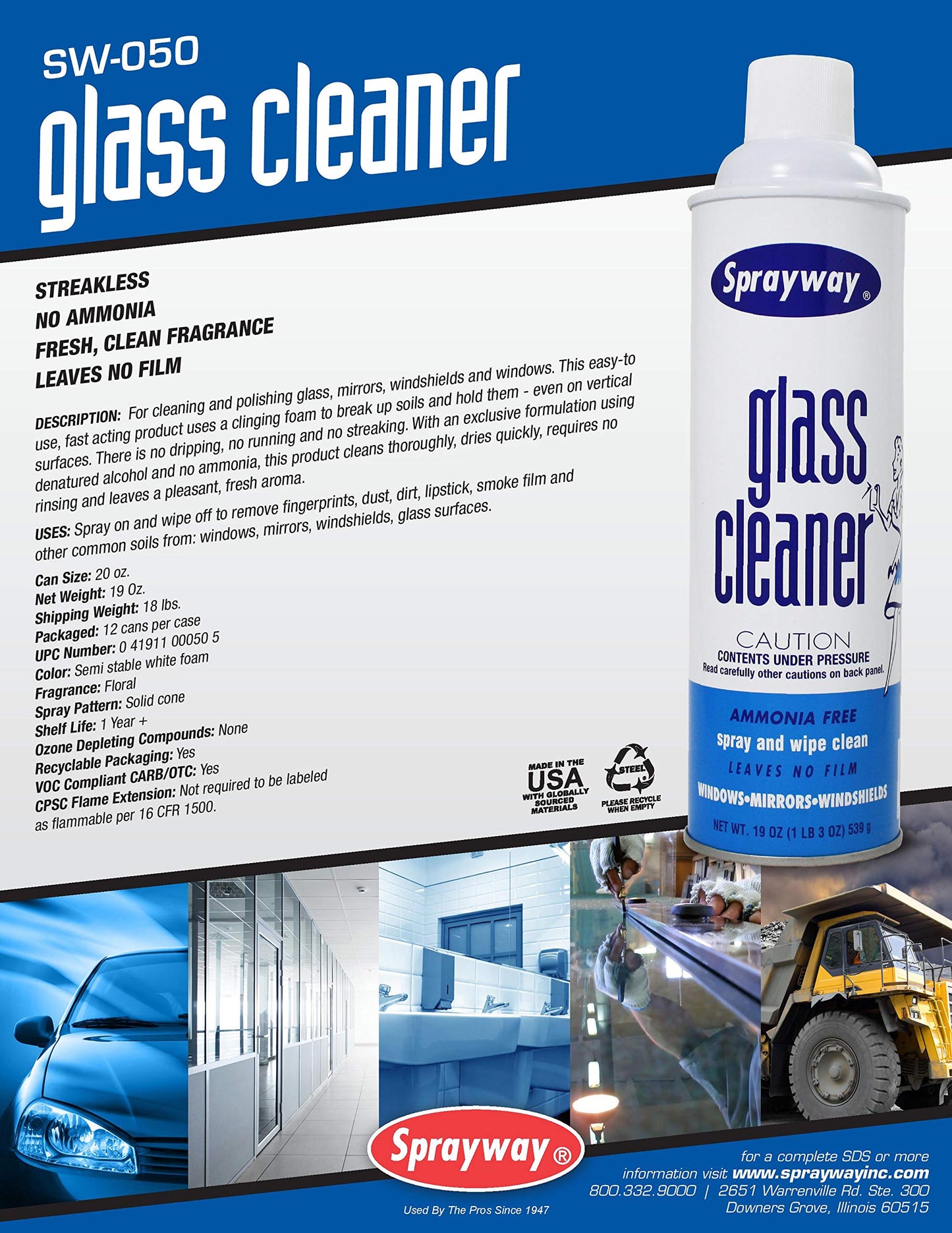 Sprayway Glass Cleaner Foaming Spray 19 oz, 6 Pack
