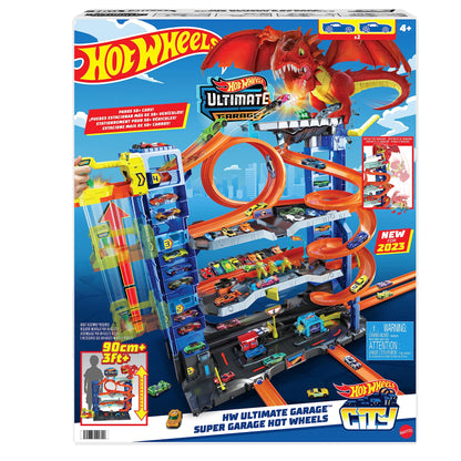 Hot Wheels City Toy Car Track Set Ultimate Garage with 2 Die-Cast Toy Cars & Car-Eating Dragon, Stores 50+ Vehicles, 4 Levels