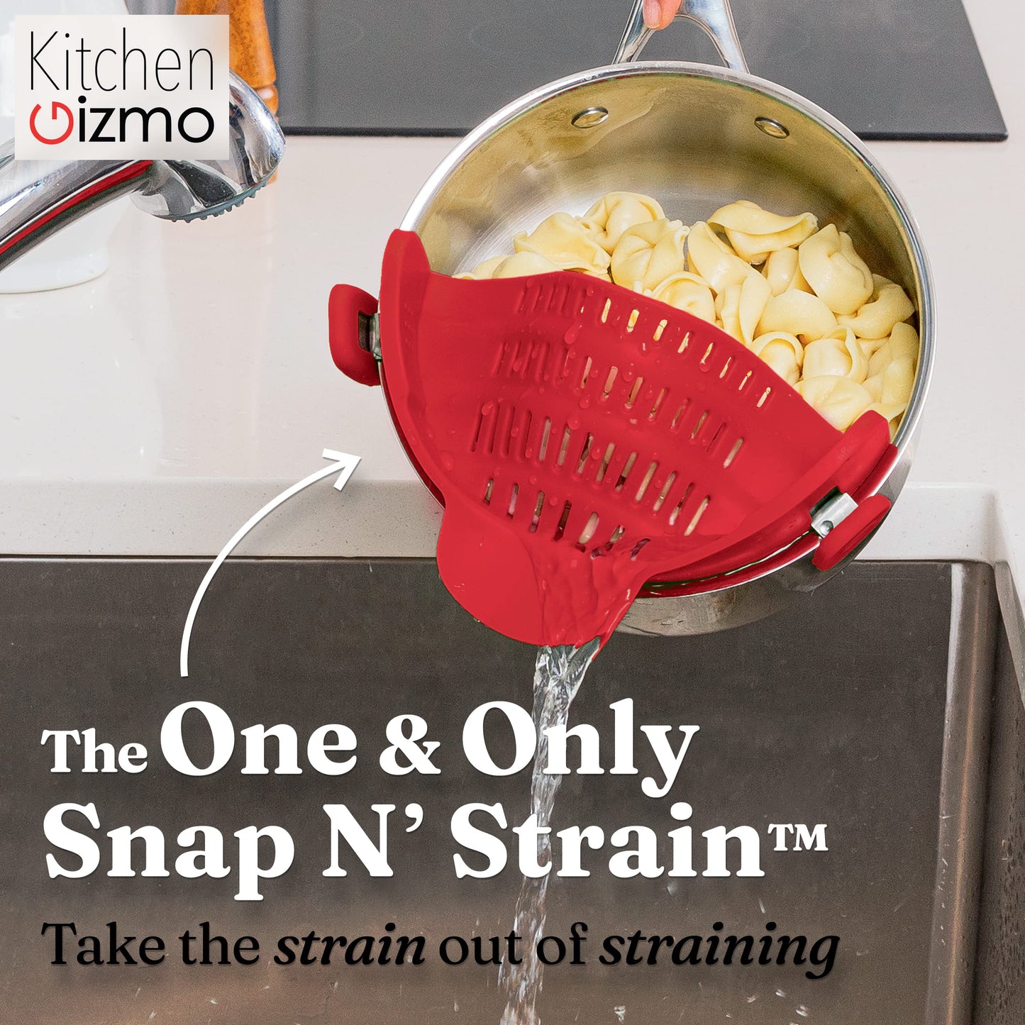 Kitchen Gizmo Snap N Strain Pot Strainer and Pasta Strainer - Adjustable Silicone Clip On Strainer for Pots, Pans, and Bowls - Kitchen Colander - Red Large