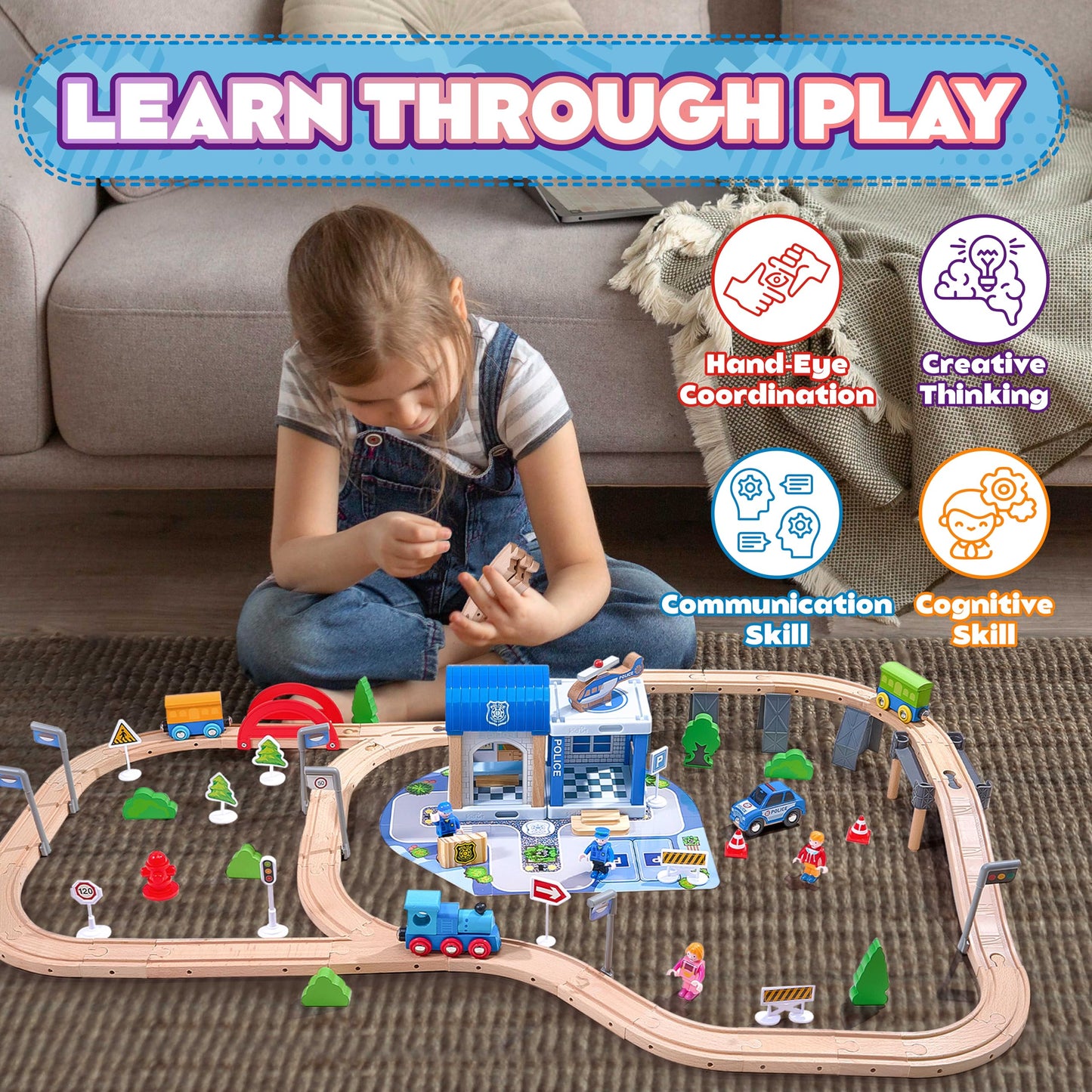 102-Piece Wooden Train Set for Kids Ages 3-8