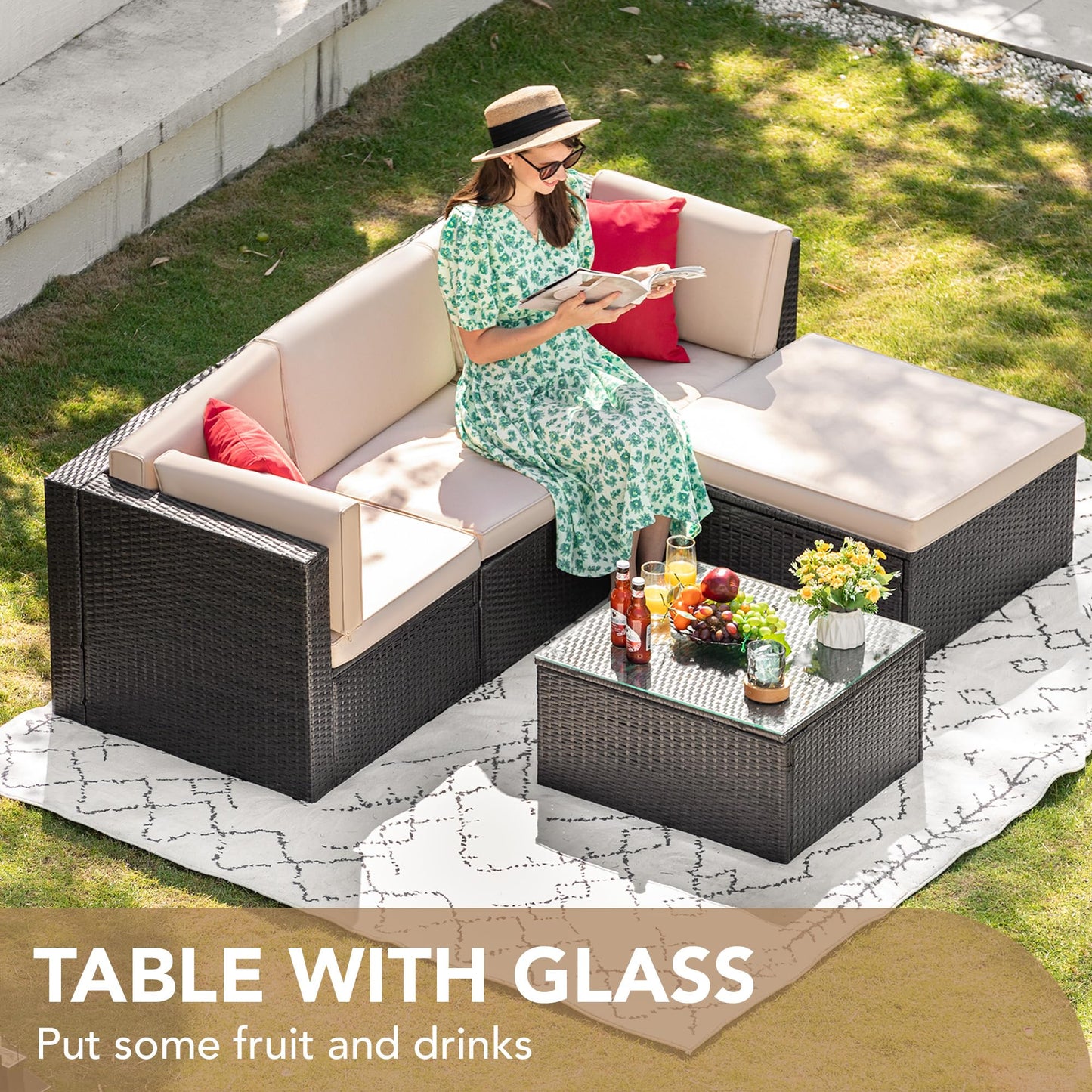 Devoko 5 Pieces Patio Furniture Sets All Weather Outdoor Sectional Patio Sofa Manual Weaving Wicker Rattan Patio Seating Sofas with Cushion and Glass Table(Beige)