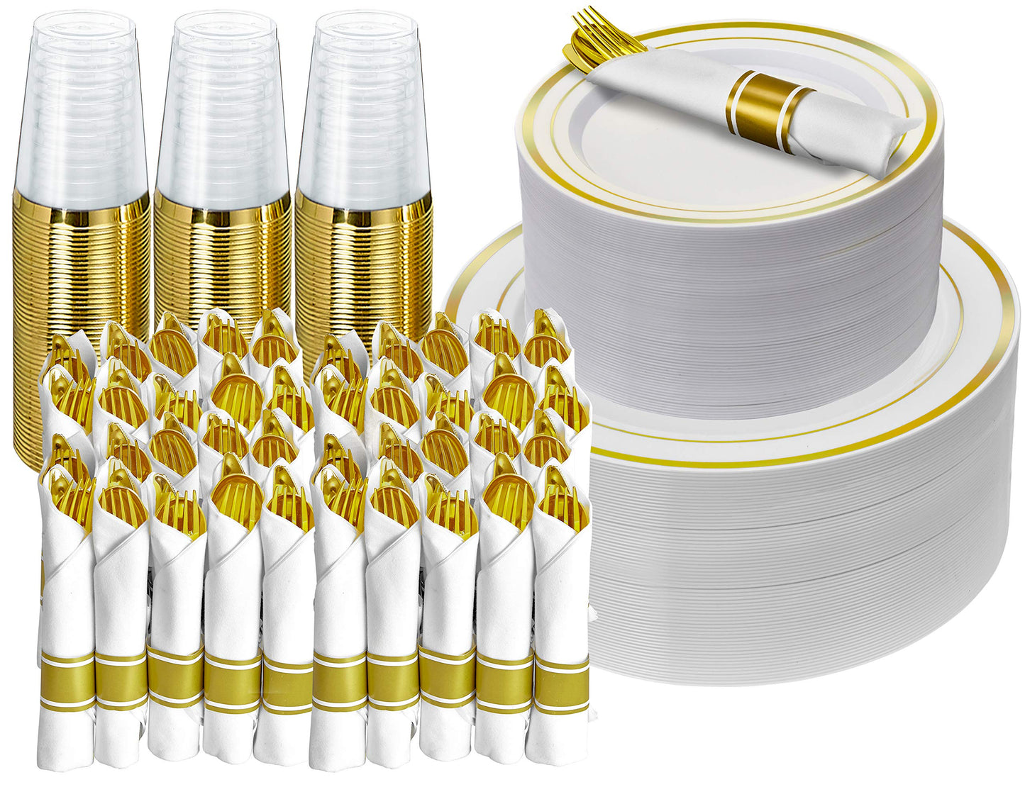 Prestee 350 Piece Disposible Dinnerware Set for 50 Guests - Gold - Reusable Party Supplies Set incl. 50 Big Dinner Plates, 50 Small Salad Plates, 50 Knives, 50 Forks, 50 Spoons, 50 Cups and 50 Napkins