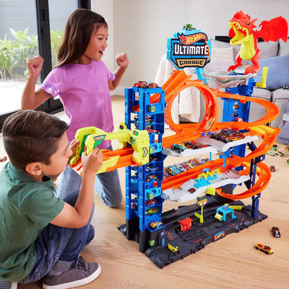 Hot Wheels City Toy Car Track Set Ultimate Garage with 2 Die-Cast Toy Cars & Car-Eating Dragon, Stores 50+ Vehicles, 4 Levels