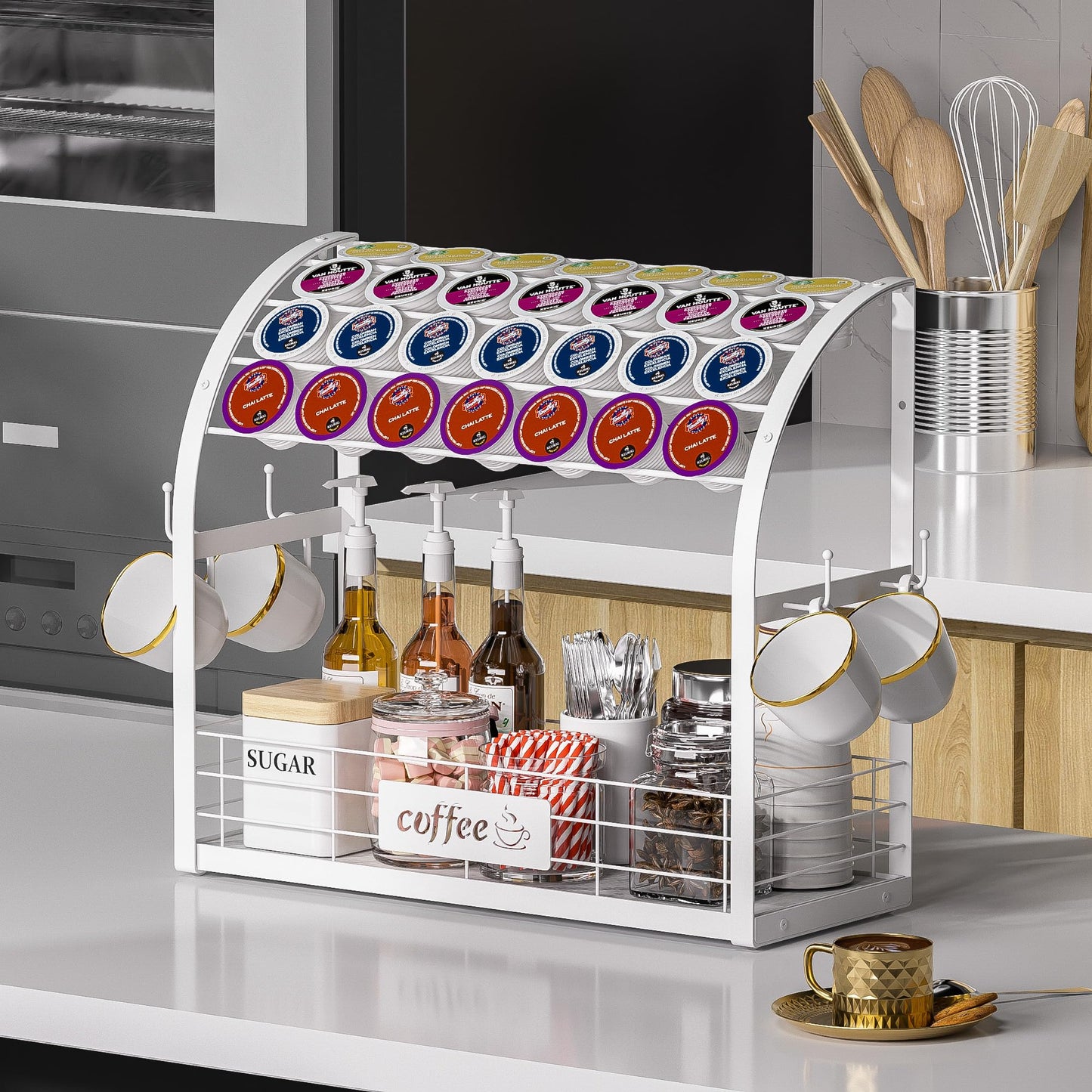 Metal K Cup Holder with Wooden Tray