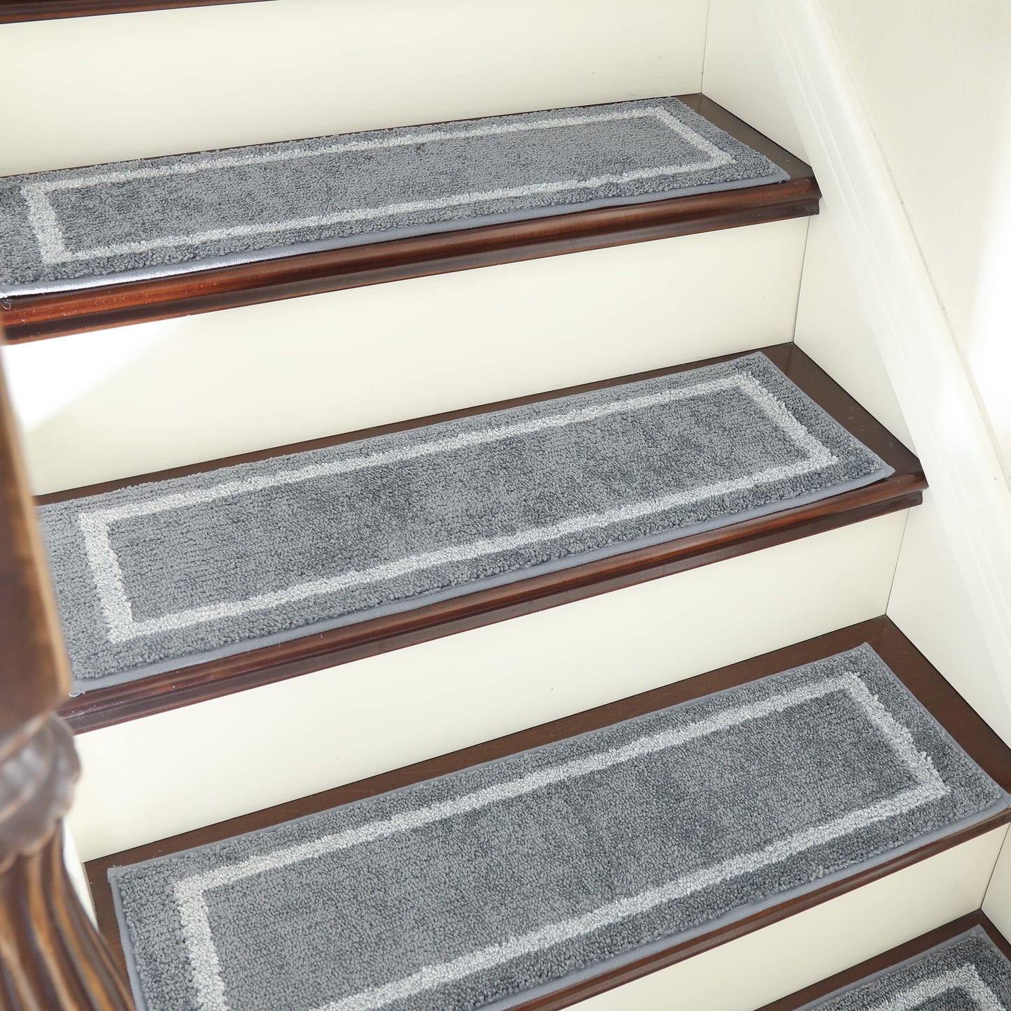 COSY HOMEER Soft Stair Treads Non-Slip Carpet Mat 28inX9in Indoor Stair Runners for Wooden Steps,Stair Rugs for Kids and Dogs, 100% Polyester TPE Backing 10pcs,Grey,Square