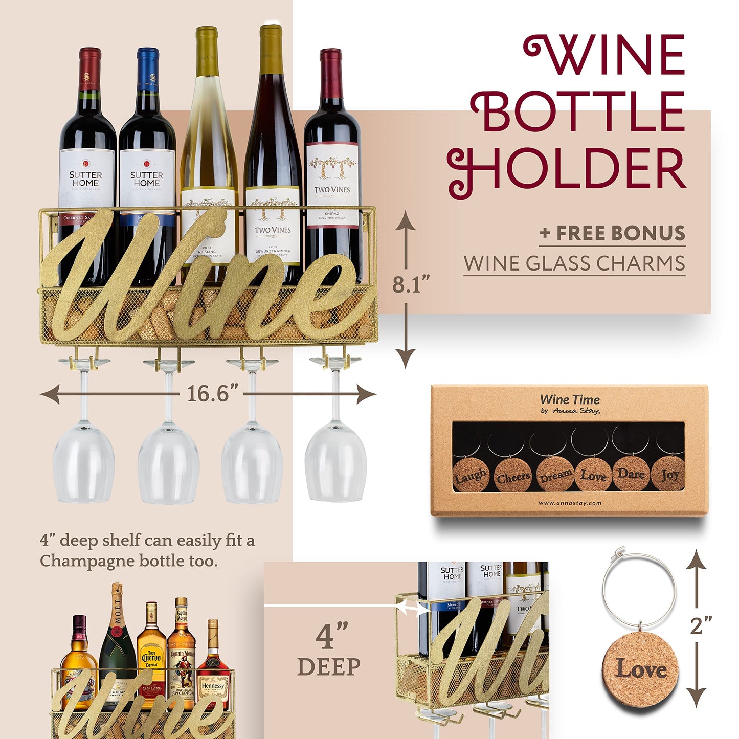 Anna Stay Wine Rack Wall Mounted - Decorative Wine Rack with Wine Glass Holder, Wall Mounted Wine Rack inc Cork Storage & Wine Charms, Wine Gifts with Wine Bottle Holder for Wine Decor