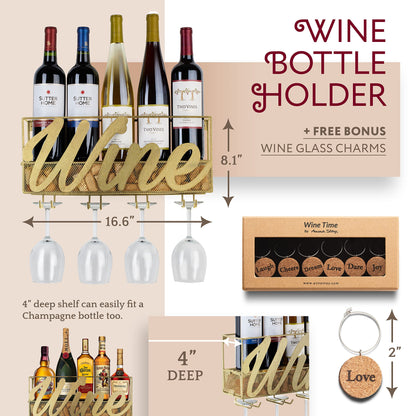 Anna Stay Wine Rack Wall Mounted - Decorative Wine Rack with Wine Glass Holder, Wall Mounted Wine Rack inc Cork Storage & Wine Charms, Wine Gifts with Wine Bottle Holder for Wine Decor