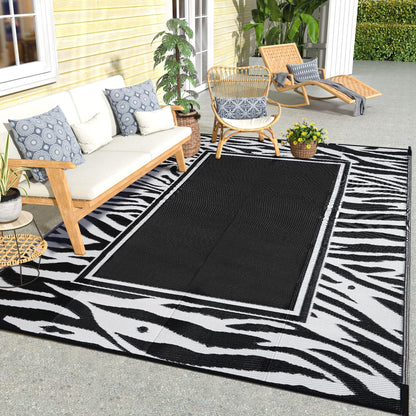 WondRg Outdoor Waterproof Patio Rug 5x8 Plastic Straw Reversible Lightweight Outdoor Area Carpet for Camping RV Picnic Backyard Deck Balcony Porch Beach Black and White Zebra