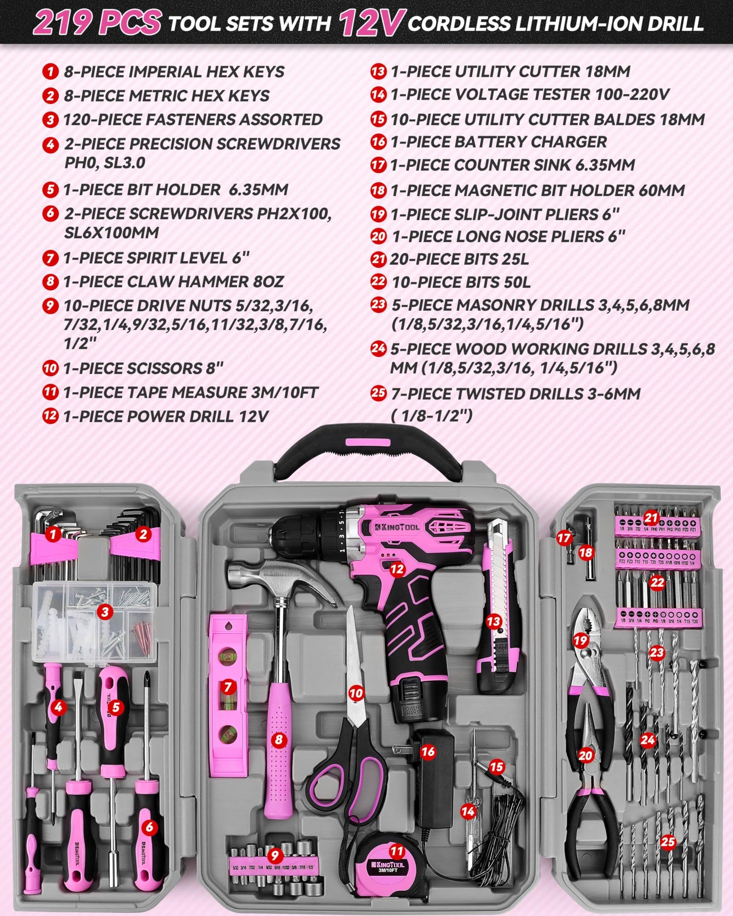 KingTool 219-Piece Pink Tool Kit with Drill