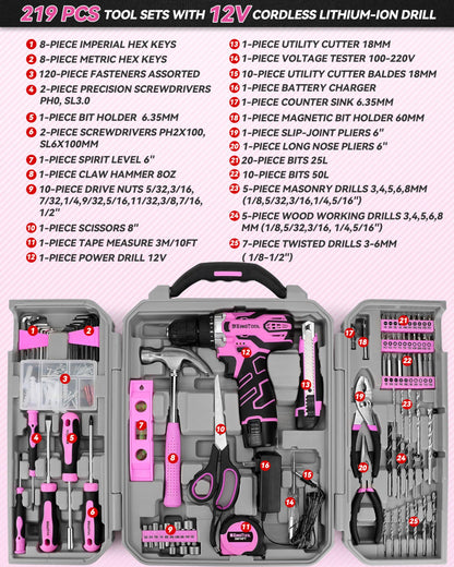 KingTool 219-Piece Pink Tool Kit with Drill