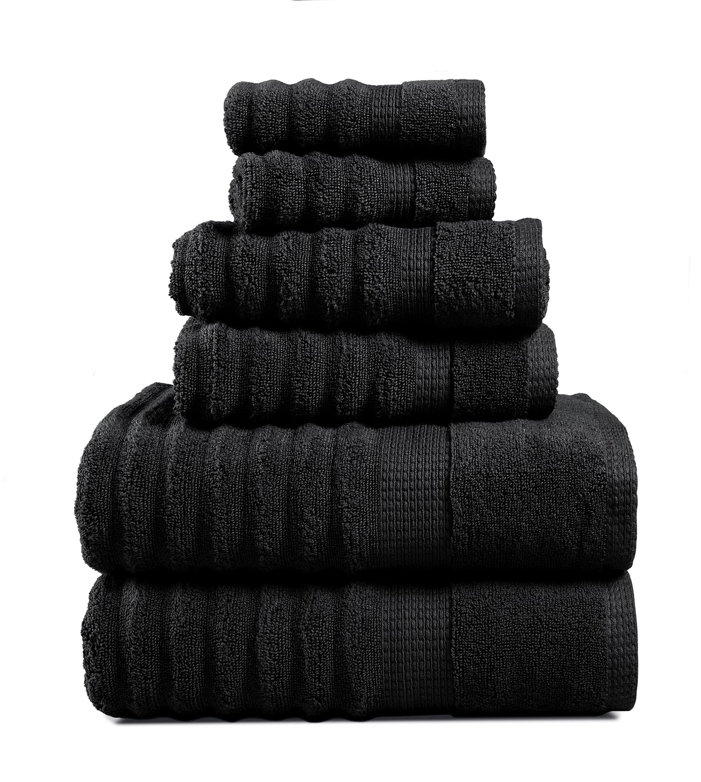 LANE LINEN Luxury Ribbed Bath Towels - 100% Cotton Towels for Bathroom, Zero Twist, Soft Textured, Extra Absorbent, Quick Dry, 2 Bath Towels, 2 Hand Towels, 2 Wash Cloths - Black (6 Piece Set)