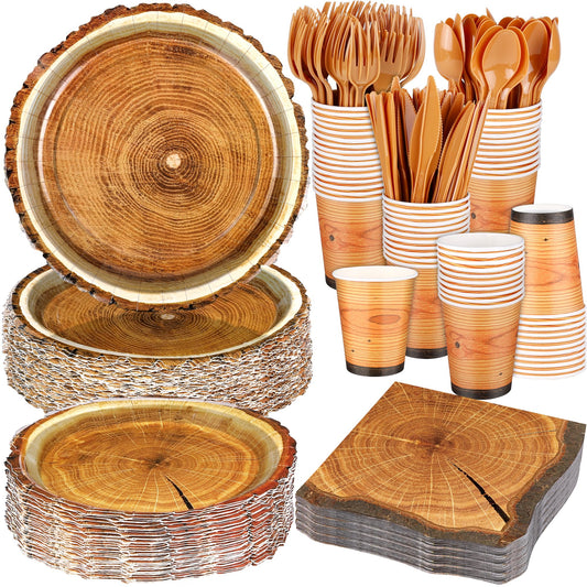 Camping Wood Grain Tableware Set for 50 Guests