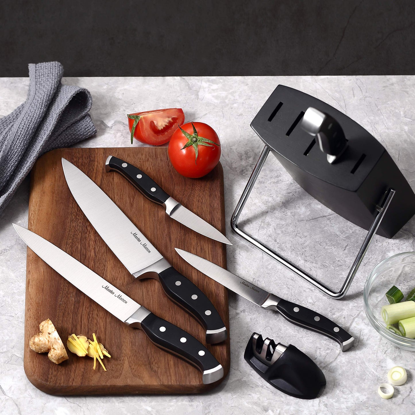 Master Maison 7-Piece Premium Black Kitchen Knife Set with Knife Block & Dual Knife Sharpener German Stainless Steel Knives | Professional Butcher Block Knife Set For Kitchen | Chef Knife Sets