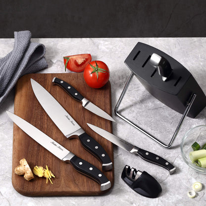 Master Maison 7-Piece Premium Black Kitchen Knife Set with Knife Block & Dual Knife Sharpener German Stainless Steel Knives | Professional Butcher Block Knife Set For Kitchen | Chef Knife Sets