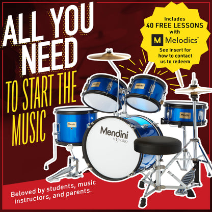 Mendini by Cecilio Kids Drum Set 5 Piece - Full 16in Youth Drumset with Bass, Toms, Snare Drum, Cymbal, Hi-Hat, Drumsticks & Seat for 5 to 12 Year Old and Beginner Adult Set - Blue