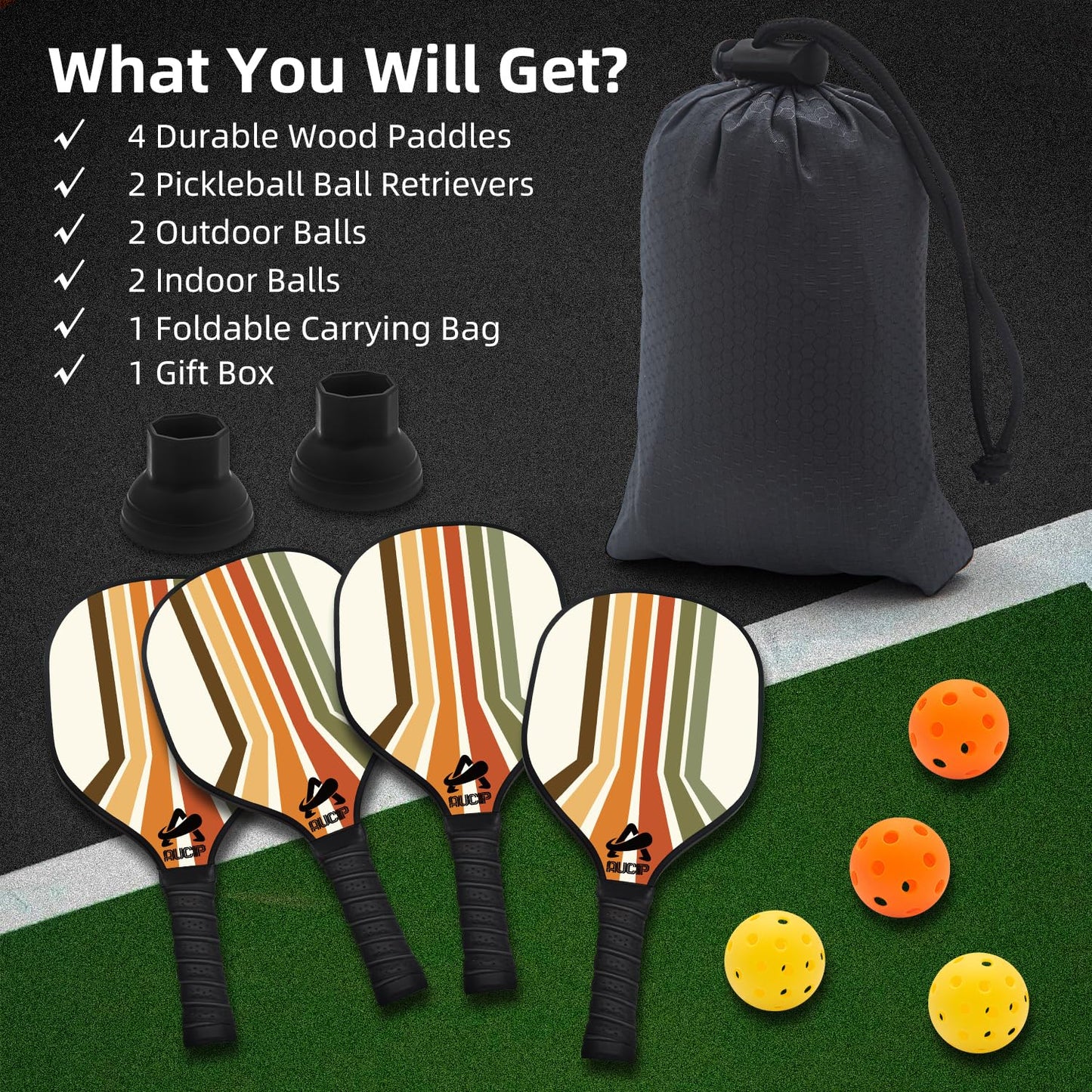 Pickleball Paddles Set of 4, Wood Pickleball Paddles Set with 4 Wooden Pickleball Paddles, 4 Pickleball Balls, 2 Pickleball Ball Retrievers & Pickleball Bag, Pickleball Rackets with Breathable Grip