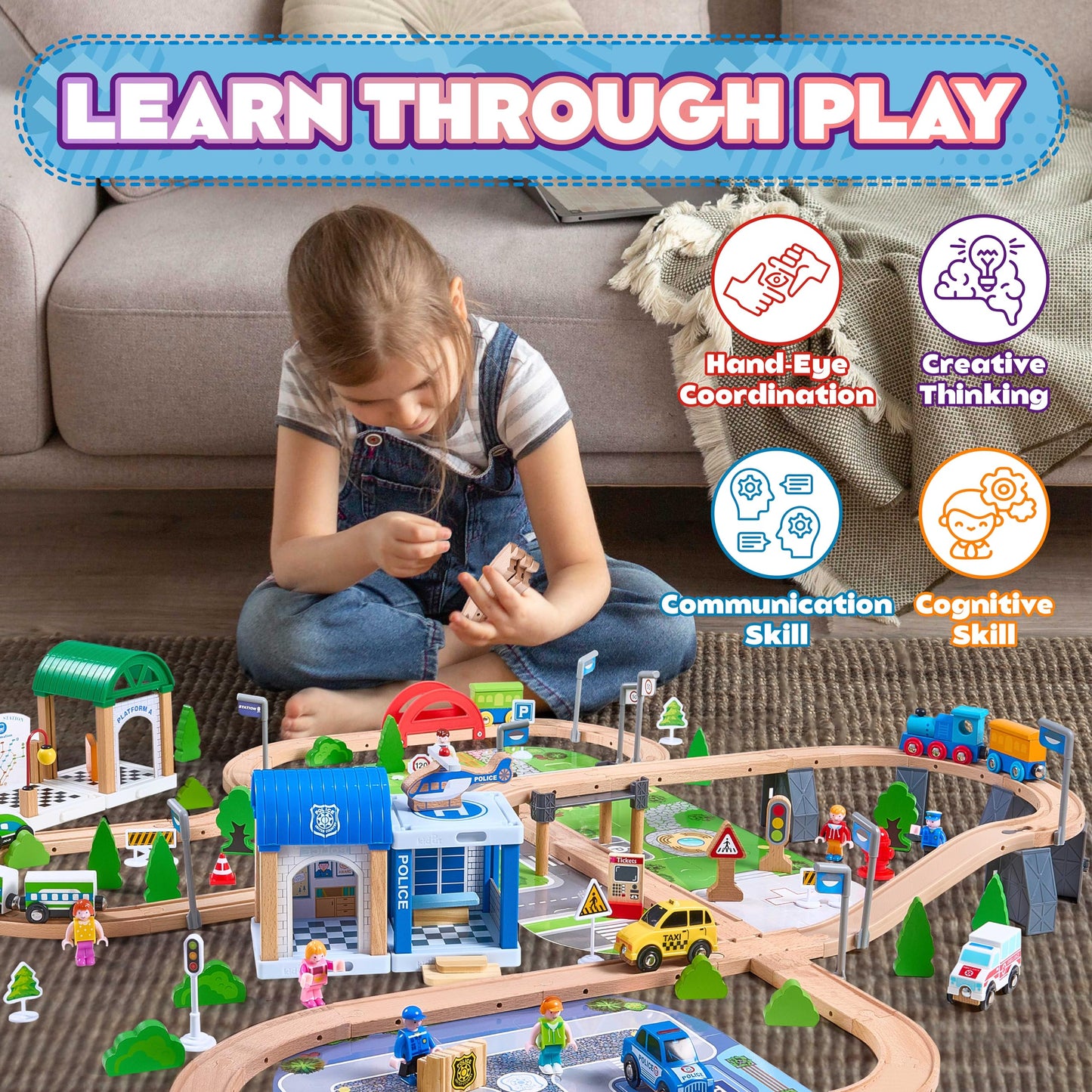 172-Piece Wooden Train Set for Kids