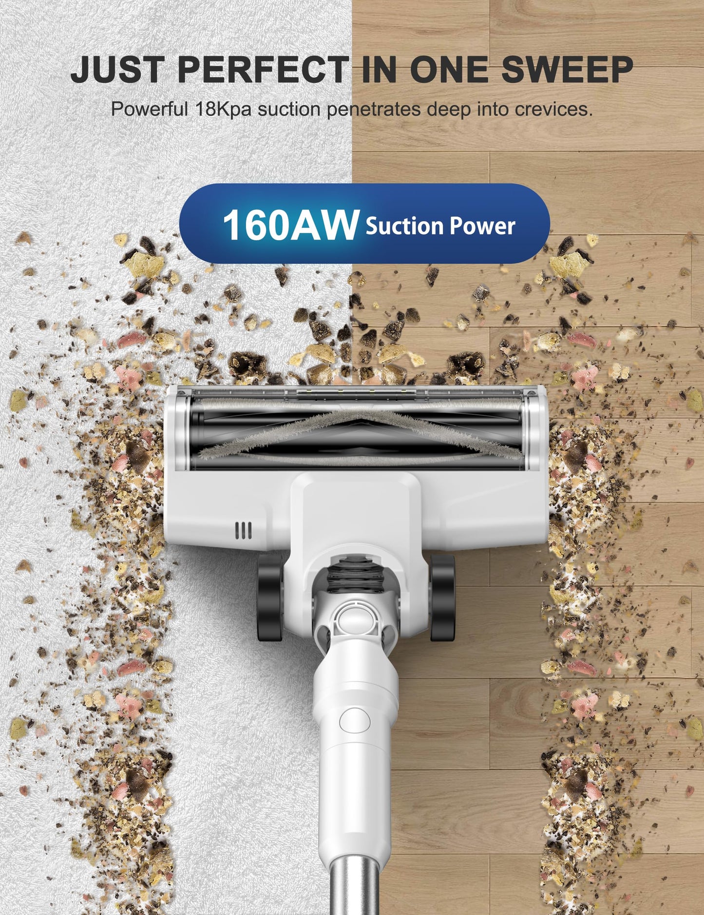Nismile Cordless Vacuum Cleaner, 18Kpa Stick Vacuum for Home with LED Screen,6000mAh Handheld Vacuum, Brushless Motor,Rechargeable, Anti-Tangle Handheld Vac for Cleaning Pet Hair, Carpet, Floor（White）