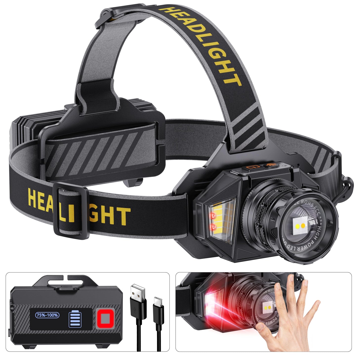 990000 Lumens Rechargeable LED Headlamp with Motion Sensor