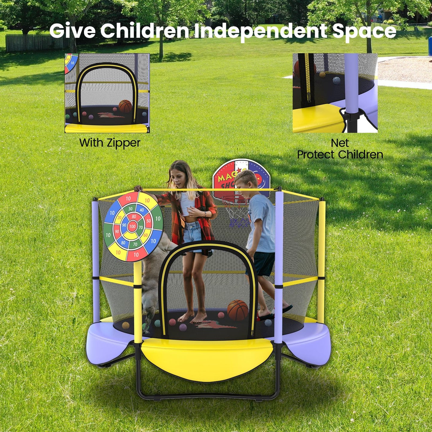 Gardenature Toddler Trampoline for Kids Mini Trampoline Outdoor Indoor Small Trampoline with Net, Basketball Hoop,with Dart Board 5FT Yellow Purple