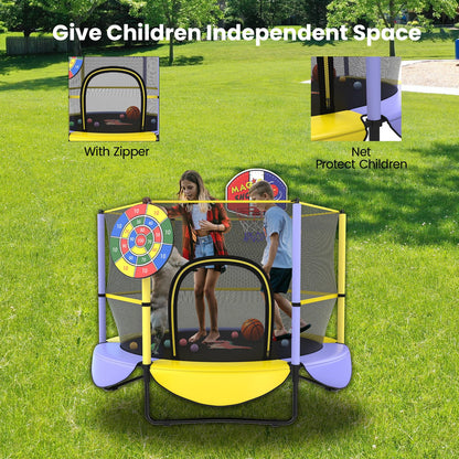 Gardenature Toddler Trampoline for Kids Mini Trampoline Outdoor Indoor Small Trampoline with Net, Basketball Hoop,with Dart Board 5FT Yellow Purple