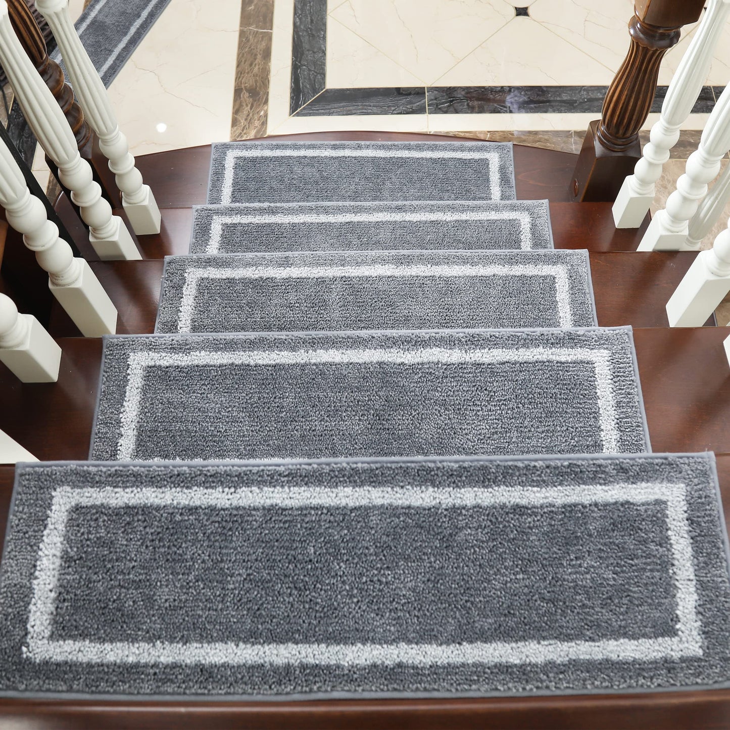 COSY HOMEER Soft Stair Treads Non-Slip Carpet Mat 28inX9in Indoor Stair Runners for Wooden Steps,Stair Rugs for Kids and Dogs, 100% Polyester TPE Backing 10pcs,Grey,Square