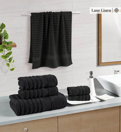 LANE LINEN Luxury Ribbed Bath Towels - 100% Cotton Towels for Bathroom, Zero Twist, Soft Textured, Extra Absorbent, Quick Dry, 2 Bath Towels, 2 Hand Towels, 2 Wash Cloths - Black (6 Piece Set)