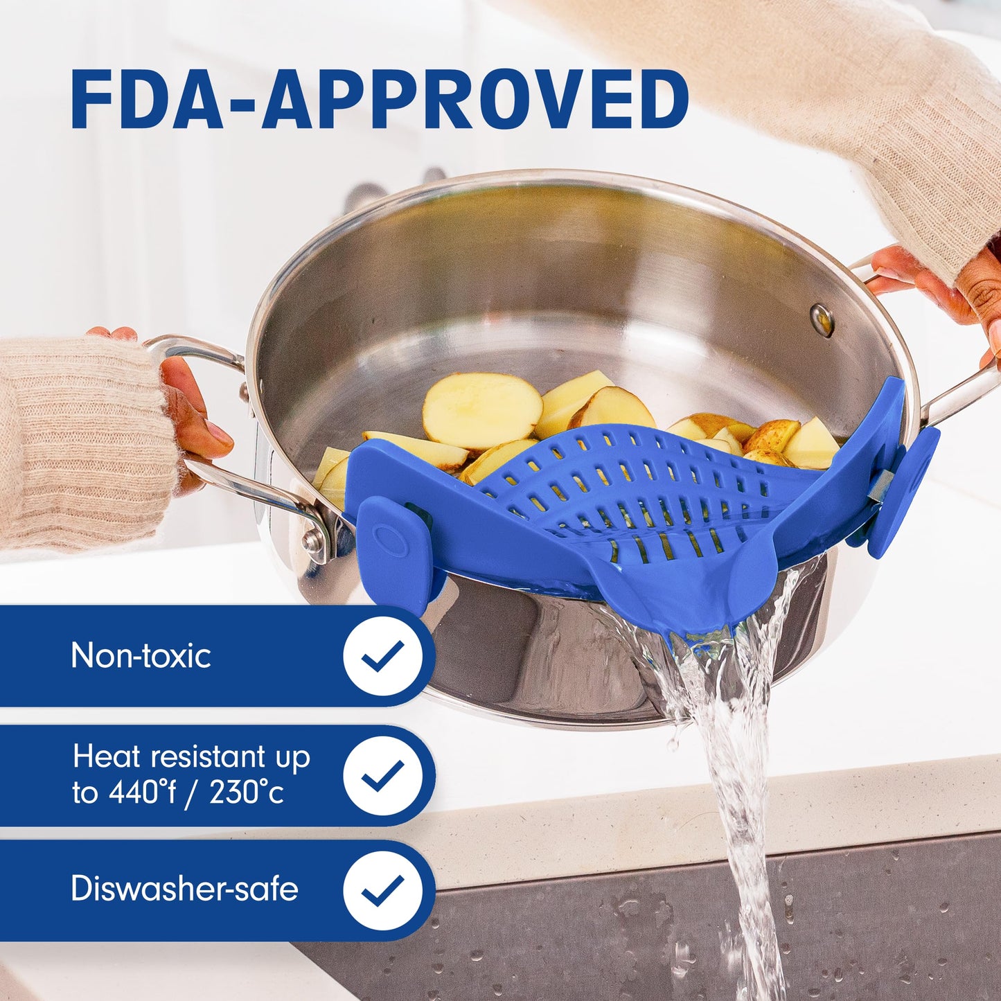 Kitchen Gizmo Snap N' Strain - Silicone Clip-On Colander, Heat Resistant Drainer for Vegetables and Pasta Noodles, Kitchen Gadgets for Bowl, Pots, and Pans - Essential Home Cooking Tools - Blue