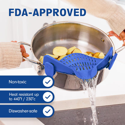 Kitchen Gizmo Snap N' Strain - Silicone Clip-On Colander, Heat Resistant Drainer for Vegetables and Pasta Noodles, Kitchen Gadgets for Bowl, Pots, and Pans - Essential Home Cooking Tools - Blue