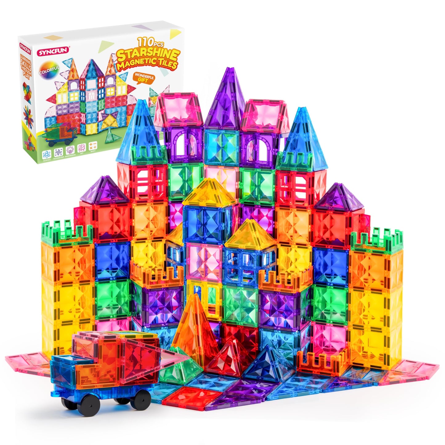 SYNCFUN Magnetic Tiles 110pcs - 3D Magnet Building Tiles with Vehicle - Construction Blocks Set for Kids - STEM Sensory Learning Educational Toys Birthday Gift for 3 4 5 6 7 Year Old