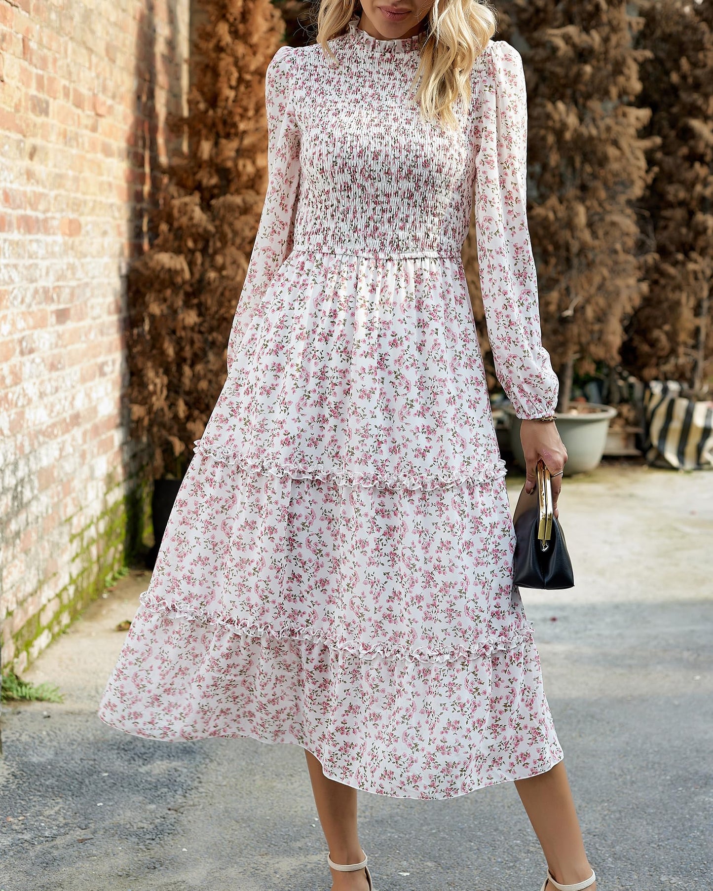 NOLLSOM Women 2025 Fall Dress Floral Casual Long Sleeve Crew Neck Ruffle A-Line Flowy Floral Boho Wedding Guest Maxi Dresses(White Pink Flower,XX-Large)