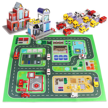 14-Piece Toy Car Playset with Mat & Puzzles