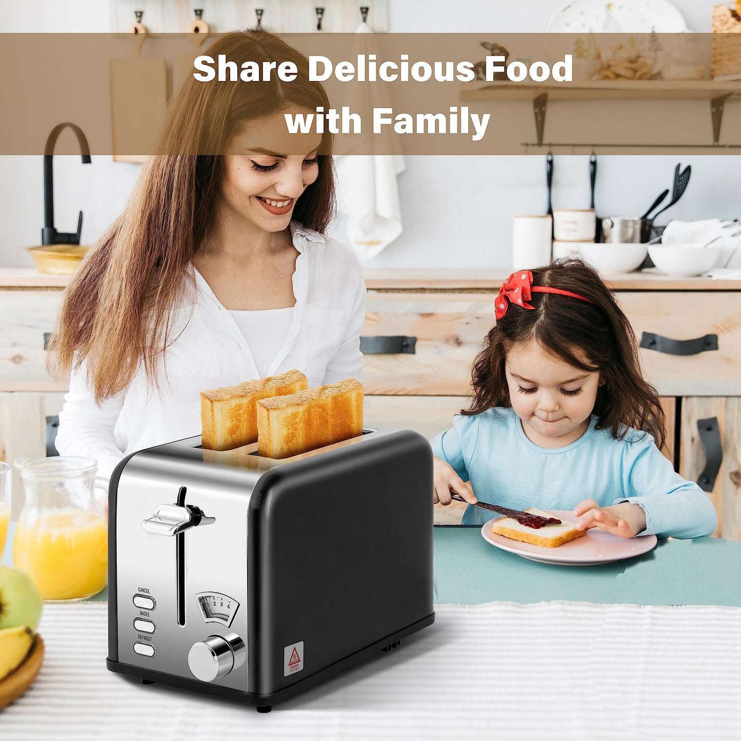 Simple Deluxe 1.5" Wide Slot 2-Slice Toaster, 5 Browning Setting and 3 Function, Retro Stainless-Steel Style, Removable Crumb Tray, Kitchen Essentials, for Bagel, Black