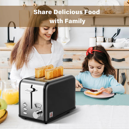 Simple Deluxe 1.5" Wide Slot 2-Slice Toaster, 5 Browning Setting and 3 Function, Retro Stainless-Steel Style, Removable Crumb Tray, Kitchen Essentials, for Bagel, Black